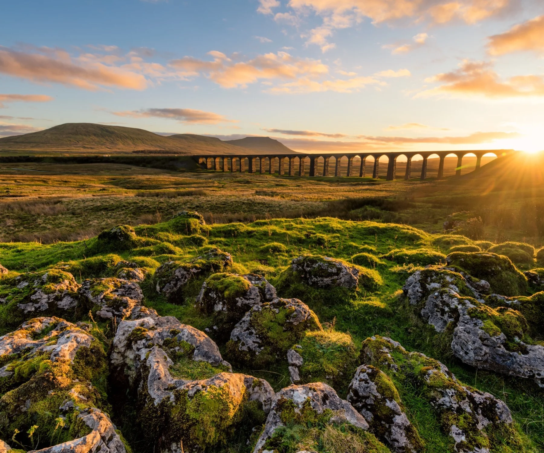 Photograph of a Yorkshire landscape with a viaduct and open country side at sunrise